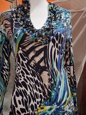 Cache Beaded V-Neck Animal Print Top in Blue, Black and Green